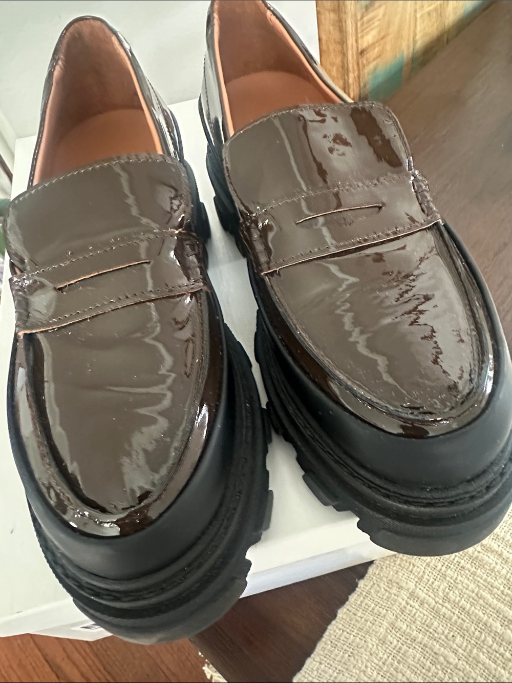 Ganni Brown Patent Leather Lug Sole Penny Loafers